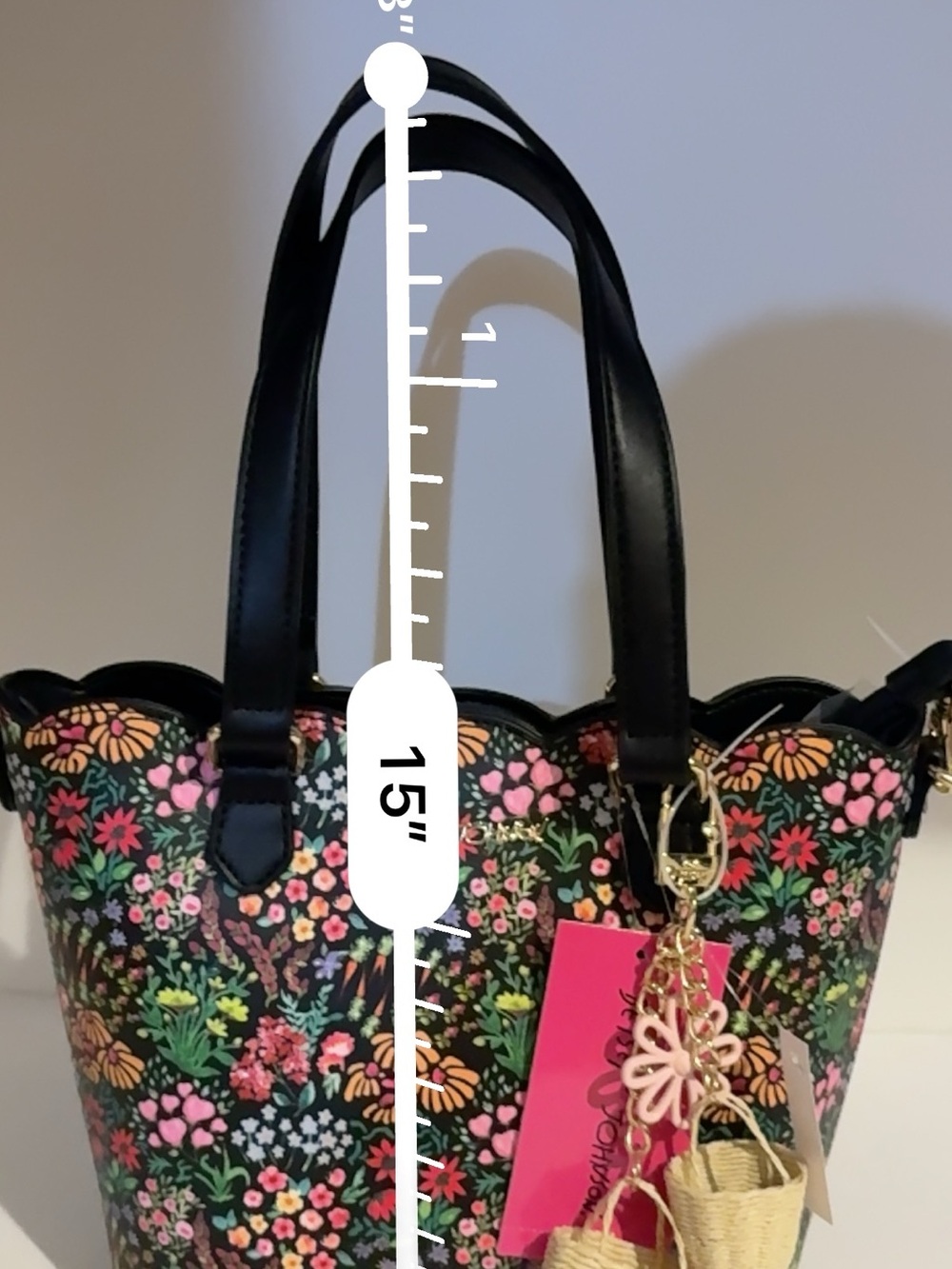 Betsey Johnson Black Floral Tote with Pink & Green Accents - Picture 12 of 16